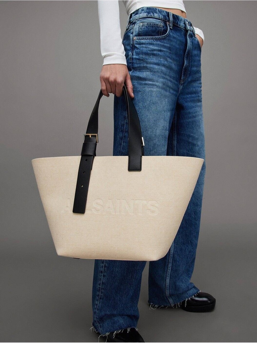 AllSaints Cream Canvas Tote with Black Leather Straps